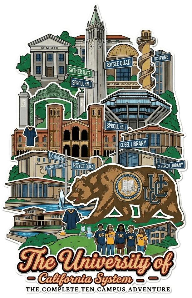 加州大学系统示意地图，包含萨瑟门、钟楼、UCLA 的罗伊斯广场、UC 戴维斯学生中心、UC 尔湾、UC 圣塔芭芭拉、UC 默塞德、UC 圣地亚哥的盖塞尔图书馆、加州金熊以及 UC 徽标。